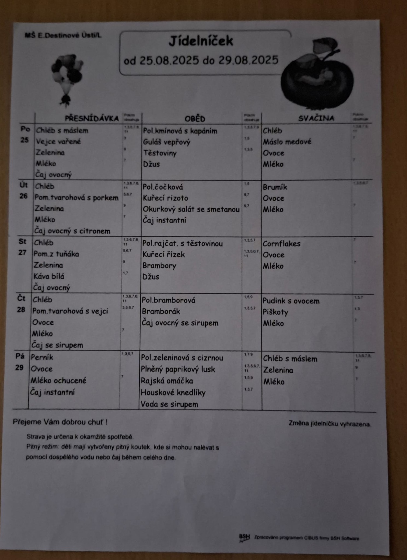 Jídelní lístek na týden 25.8-29.8.2025